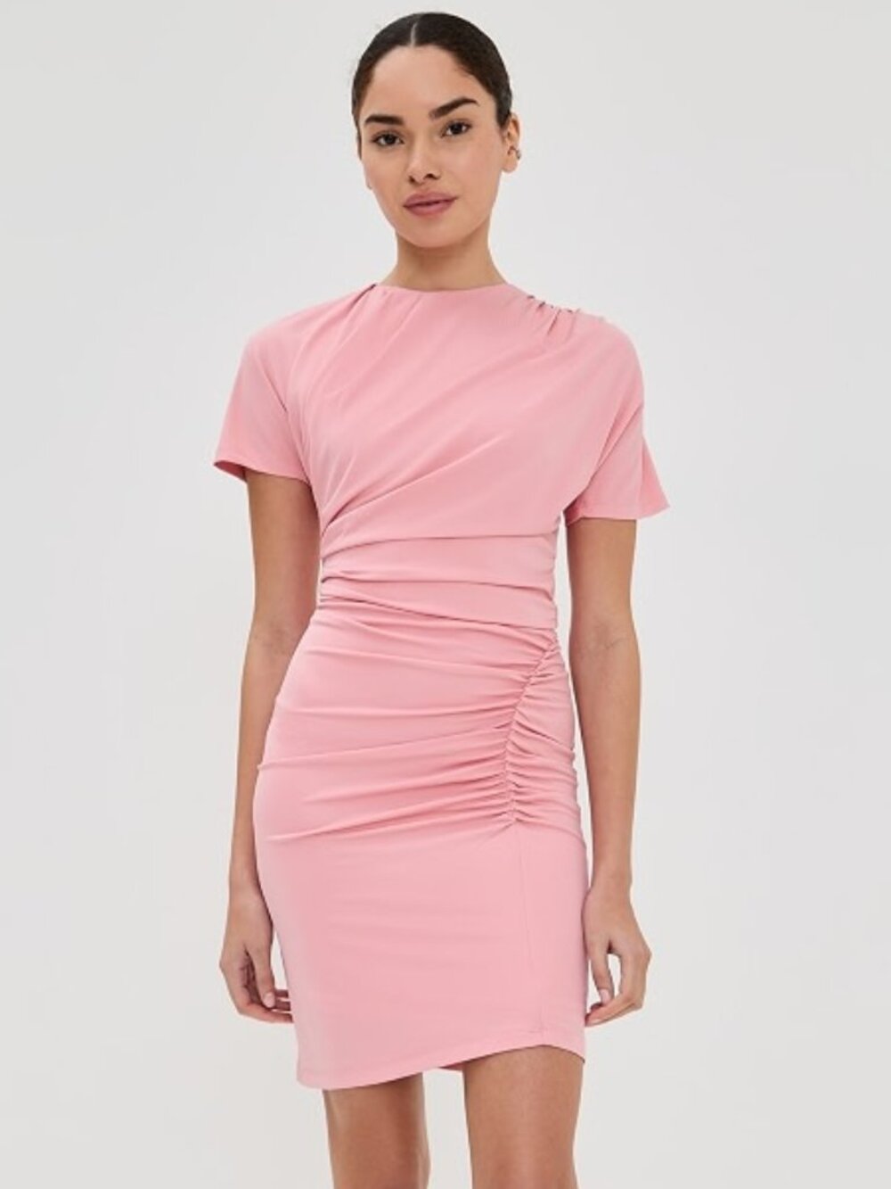 SIMKHAI Kiko Dusty Rose Ruched Asymmetrical Mini Dress NWT Size S